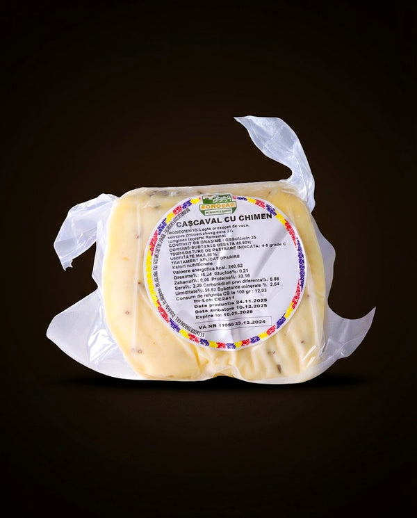 Cașcaval cu chimen de casă — semințe maro de chimen presărate în pasta galben-aurie, 300g