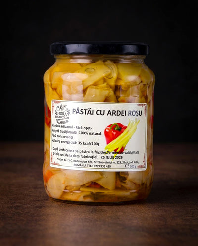 Borcan cu păstăi de ardei roșu natur fără oțet — fâșii lungi de ardei roșu copt artizanal, 500g