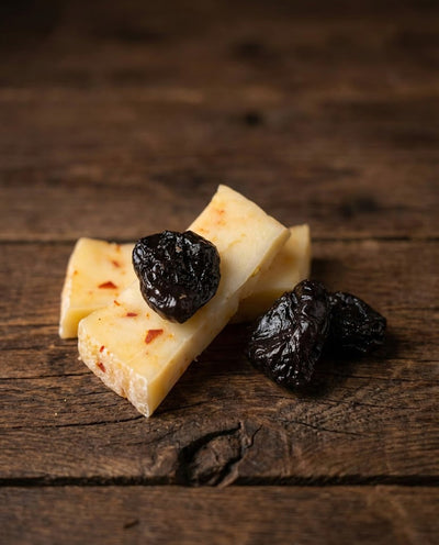 Prune confiate fără sâmburi — fructe violet închis cu strat dulce, vidate, 100g