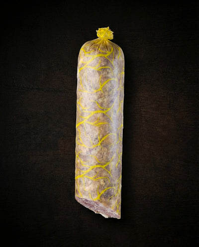 Tobă de porc fiartă și afumată tradițională — felii cu carne, șorici și gelatină naturală, 500g