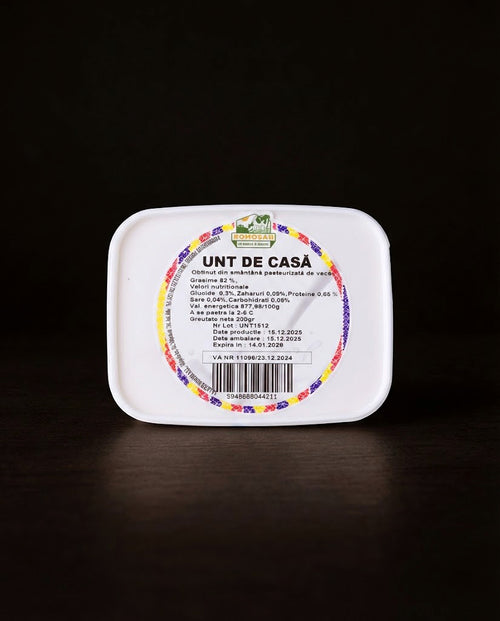 Bloc de unt de casă 82% grăsime nesărat — galben pal, textură densă, ambalat artizanal, 200g
