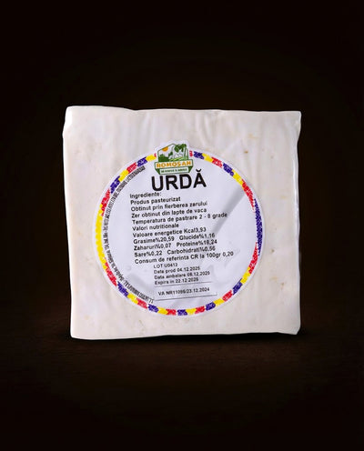 Borcan cu urdă cremoasă de vacă tip Ricotta — textură fină albă, 18% proteină, 500g